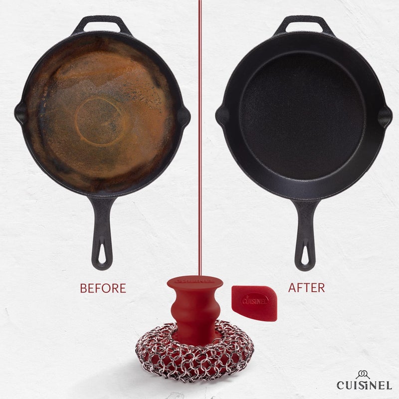 Cuisinel منظف ​​سلسلة البريد من الحديد الزهر + مكشطة المقلاة - وعاء ومقلاة مريح فاخر من الفولاذ المقاوم للصدأ/السيليكون - تصميم آمن للطعام - أواني طهي آمنة للاستخدام في غسالة الأطباق سهلة التنظيف - ملحق إسفنجة المطبخ - Image 2
